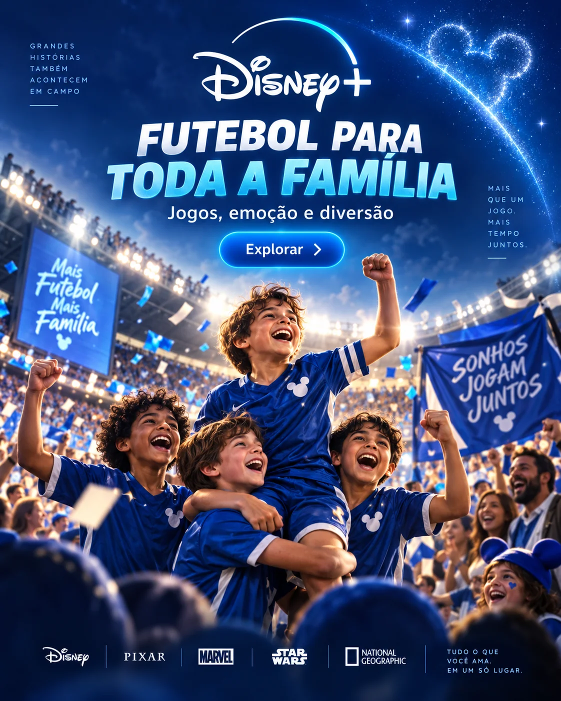 Ilustração de entretenimento Disney+ e família em estádio
